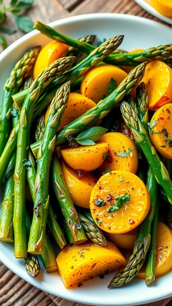 Sautéed asparagus and yellow squash medley garnished with herbs on a rustic plate.
